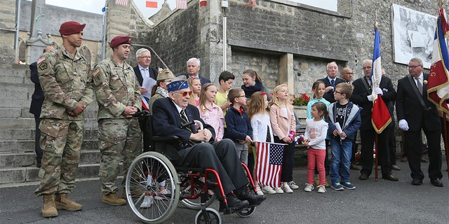 U.S veteran Leonard Ladislas Jintra, from New York, 29 Infantry Division, 115th regiment, attends a ceremony in La Cambe, Normandy, on Wednesday.