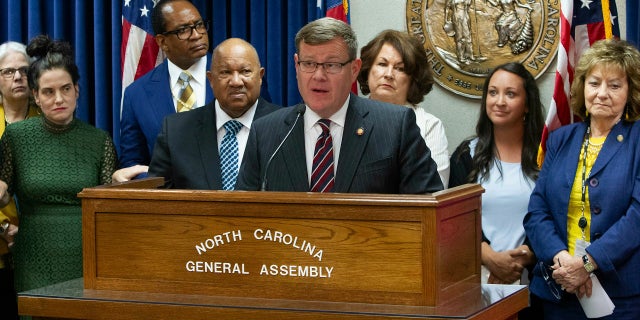 North Carolina House Speaker Tim Moore, a Republican, leads a press conference touting the "Born Alive Abortion Survivors Act" with penalties for doctors who commit what bill supporters call infanticide Wednesday at the Legislative Building in Raleigh. (Travis Long/The News & Observer via AP)