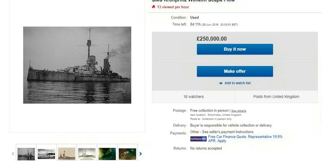 The eBay advert for the sale of the SMS Kronprinz Wilhelm Scapa Flow for £250,000. (Credit: SWNS, eBay)