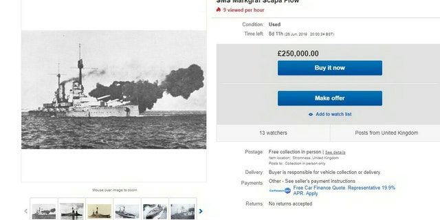 The eBay advert for the sale of the SMS Markgraf Scapa Flow for £250,000. (Credit: SWNS, eBay)
