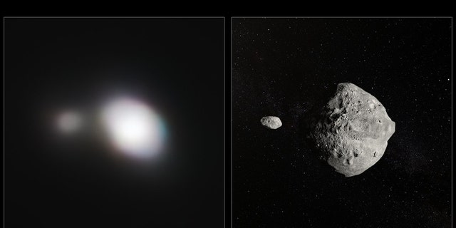 The left image shows the SPHERE observations of the 1999 KW4 asteroid. The angular resolution in this picture equates to choosing a single building in New York - from Paris. The artistic imprint of the asteroid couple is illustrated on the right. (ESO)
