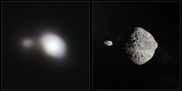 The left-hand image shows SPHERE observations of Asteroid 1999 KW4. The angular resolution in this image is equivalent to picking out a single building in New York — from Paris. An artist's impression of the asteroid pair is shown on the right. (ESO)
