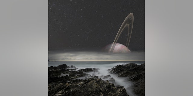 Artist concept of a moon orbiting a planet with rings. (Credit: Marcel / Adobe Stock)