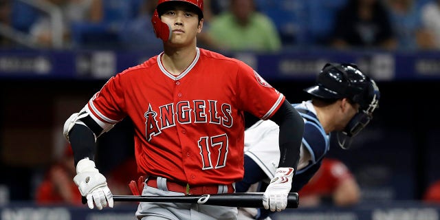 Los Angeles Angels' Shohei Ohtani, of Japan, reacts after drawing a bases-loaded walk from Tampa Bay Rays starting pitcher Blake Snell during the second inning of a baseball game Friday, June 14, 2019, in St. Petersburg, Fla. (Associated Press)