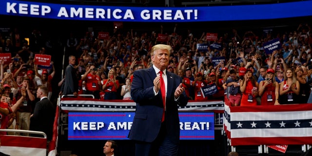President Donald Trump arrives to speak at his re-election kickoff rally at the Amway Center, June 18, 2019, in Orlando, Florida. (AP Photo/Evan Vucci)