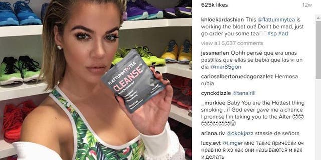 Reality star Khloe Kardashian plugs weight loss tea on her Instagram in a sponsored post.