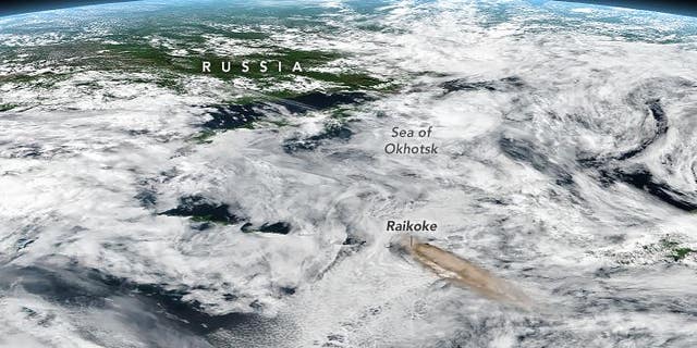 This image released by NASA shows the location of the Raikoke volcano.