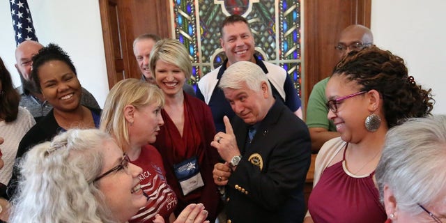 James McCloughan jokes with teachers after speaking to them at Freedoms Foundation at Valley Forge on June 19. (Photo by Darryl Moran)