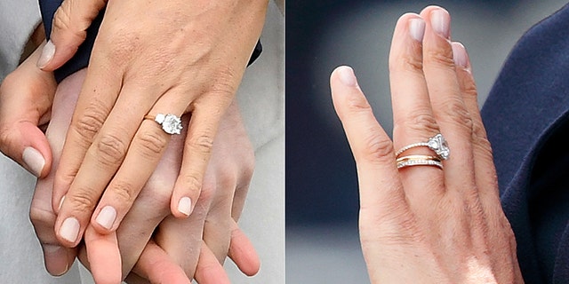 Meghan Markle's ring on her engagement day (left) and during Trooping the Colour (right). Reuters/Getty