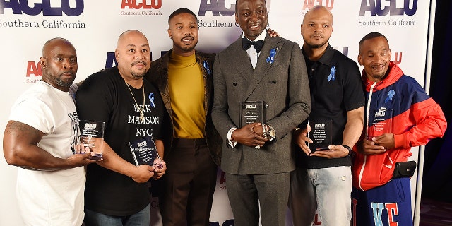 Presenter Michael B. Jordan, third from left, poses with, from left, honorees Antron McCray, Raymond Santana, Yusef Salaam, Kevin Richardson and Korey Wise at the ACLU SoCal's 25th Annual Luncheon at the JW Marriott at LA Live, Friday, June 7, 2019, in Los Angeles.