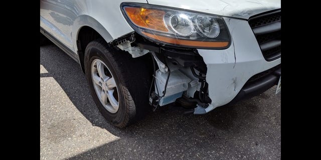Damage to the great-grandfather's vehicle can be see after the joyride to get candy.