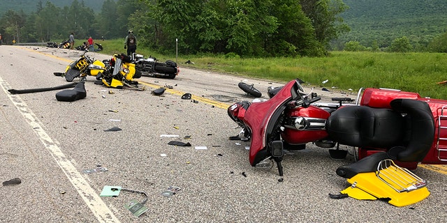 New Hampshire State Police said a 2016 Dodge 2500 pickup truck collided with the riders on U.S. 2 Friday evening. (Miranda Thompson via AP)