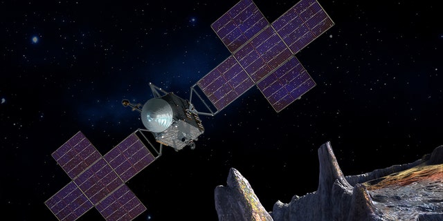 This artist's-concept illustration depicts the spacecraft of NASA's Psyche mission near the mission's target, the metal asteroid Psyche. The artwork was created in May 2017 to show the five-panel solar arrays planned for the spacecraft. (Credit: NASA/JPL-Caltech/Arizona State Univ./Space Systems Loral/Peter Rubin)