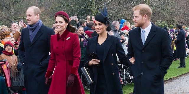 Prince William, Duke of Cambridge, Catherine, Duchess of Cambridge, Meghan, Duchess of Sussex and Prince Harry, Duke of Sussex attend Christmas Day Church service at Church of St Mary Magdalene on the Sandringham estate on Dec. 25, 2018, in King's Lynn, England.