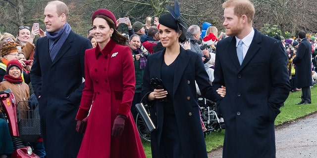 Prince William, The Duke of Cambridge, Catherine, The Duchess of Cambridge, Meghan, The Duchess of Sussex and Prince Harry, The Duke of Sussex attend the Christmas Day service at St Mary Magdalene Church on the Sandringham Estate on December 25, 2018 in King's Lynn, England.