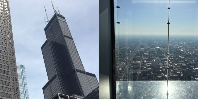 In these photos taken Friday, June 7, Skydeck Chicago can be seen atop the Willis Tower. The attraction features four glass enclosures collectively called The Ledge, which opened in 2009 and give tourists the feeling of standing suspended in midair 1,353 feet above the ground and 4 feet away from the building.