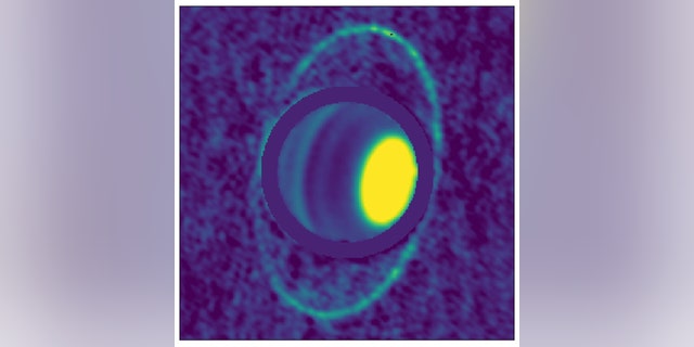 Composite image of Uranus’s atmosphere and rings at radio wavelengths, taken with the ALMA array in December 2017. The image shows thermal emission, or heat, from the rings of Uranus for the first time, enabling scientists to determine their temperature: a frigid 77 Kelvin (-320 F). Dark bands in Uranus’s atmosphere at these wavelengths show the presence of molecules that absorb radio waves, in particular, hydrogen sulfide gas. Bright regions like the north polar spot (yellow spot at right, because Uranus is tipped on its side) contain very few of these molecules. (Credit: Edward Molter and Imke de Pater)