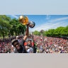 Toronto Raptors' Kawhi Leonard holds up his MVP trophy during the team's NBA basketball championship parade in Toronto, June 17, 2019. 