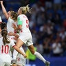England players celebrate after Lucy Bronze of England scored her team's third goal during their 2019 FIFA Women's World Cup quarter-final match against Norway in Le Havre, France June 27, 2019. 