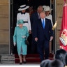 Queen Elizabeth II, President Trump, first lady Melania Trump, Britain's Prince Charles and Camilla, Duchess of Cornwall, walking out to inspect the honor guard.