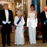 President Trump, Queen Elizabeth II, first lady Melania Trump, Prince Charles and Camilla, the Duchess of Cornwall, posing for the media ahead of the state banquet at Buckingham Palace.