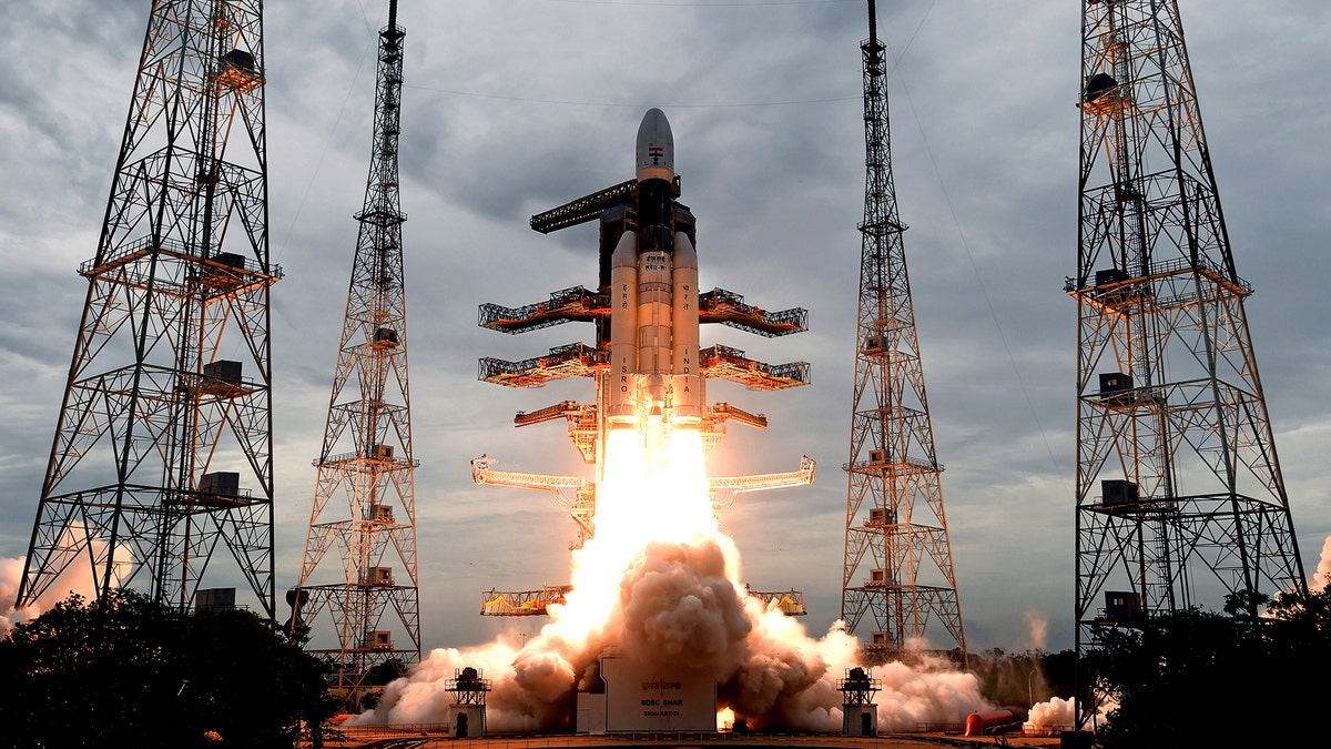 This July 22, 2019, photo released by the Indian Space Research Organisation (ISRO) shows its Geosynchronous Satellite launch Vehicle (GSLV) MkIII carrying Chandrayaan-2 lift off from Satish Dhawan Space center in Sriharikota, India.
