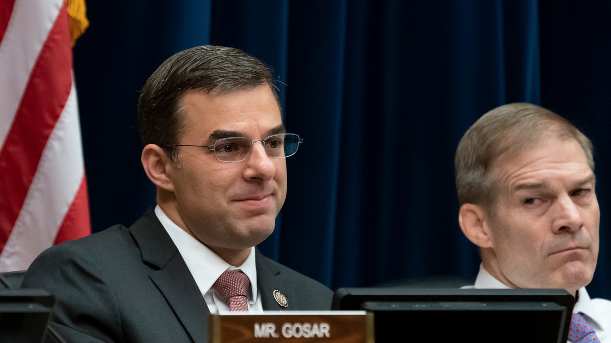 Rep. Justin Amash, R-Mich., left, joined at right Rep. Jim Jordan, R-Ohio, the ranking member, by votes with Democrats on the House Oversight and Reform Committee to subpoena presidential counselor Kellyanne Conway for not appearing before the panel after allegations that she repeatedly violated the Hatch Act. (AP Photo/J. Scott Applewhite)