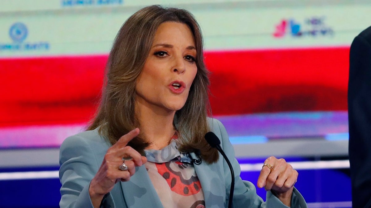 Democratic presidential candidate author Marianne Williamson speaks during the Democratic primary in Miami. (AP Photo/Wilfredo Lee)