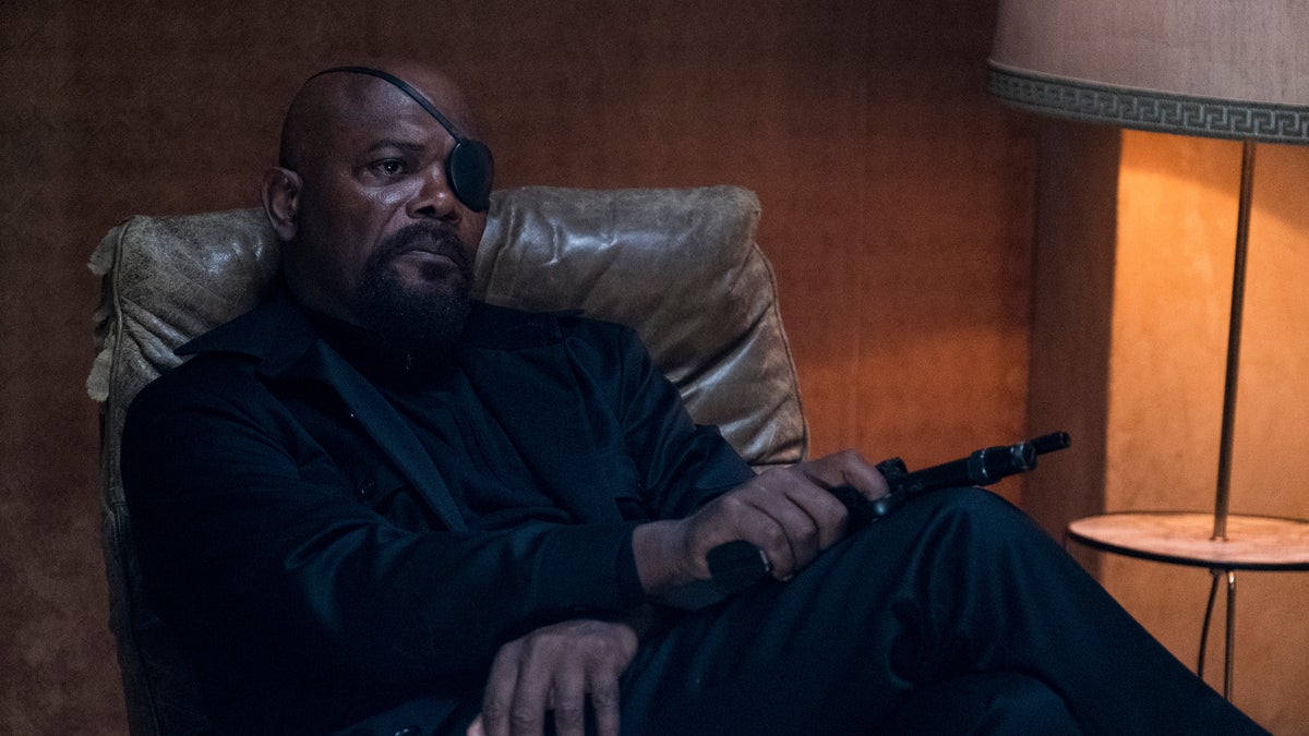 Samuel L. Jackson as Nick Fury in a scene from "Spider-Man: Far From Home." 