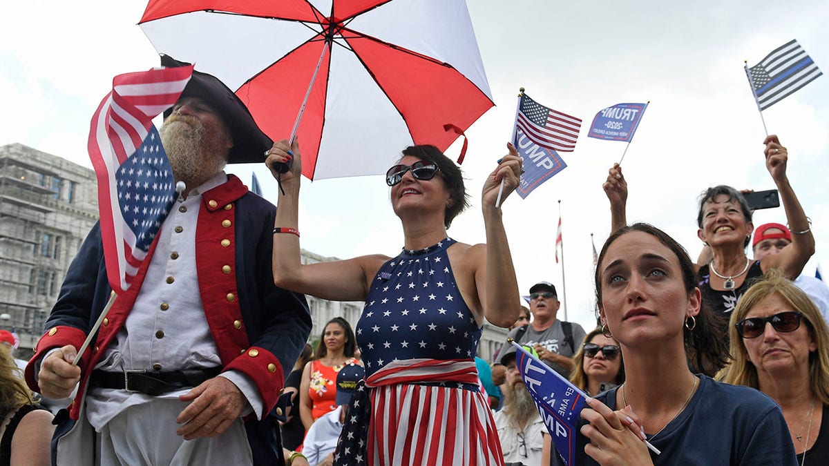 People attend a "Demand Free Speech" rally in Washington, Saturday, July 6, 2019. The rally was organized to protest against the perceived censorship of conservative views. (Associated Press)