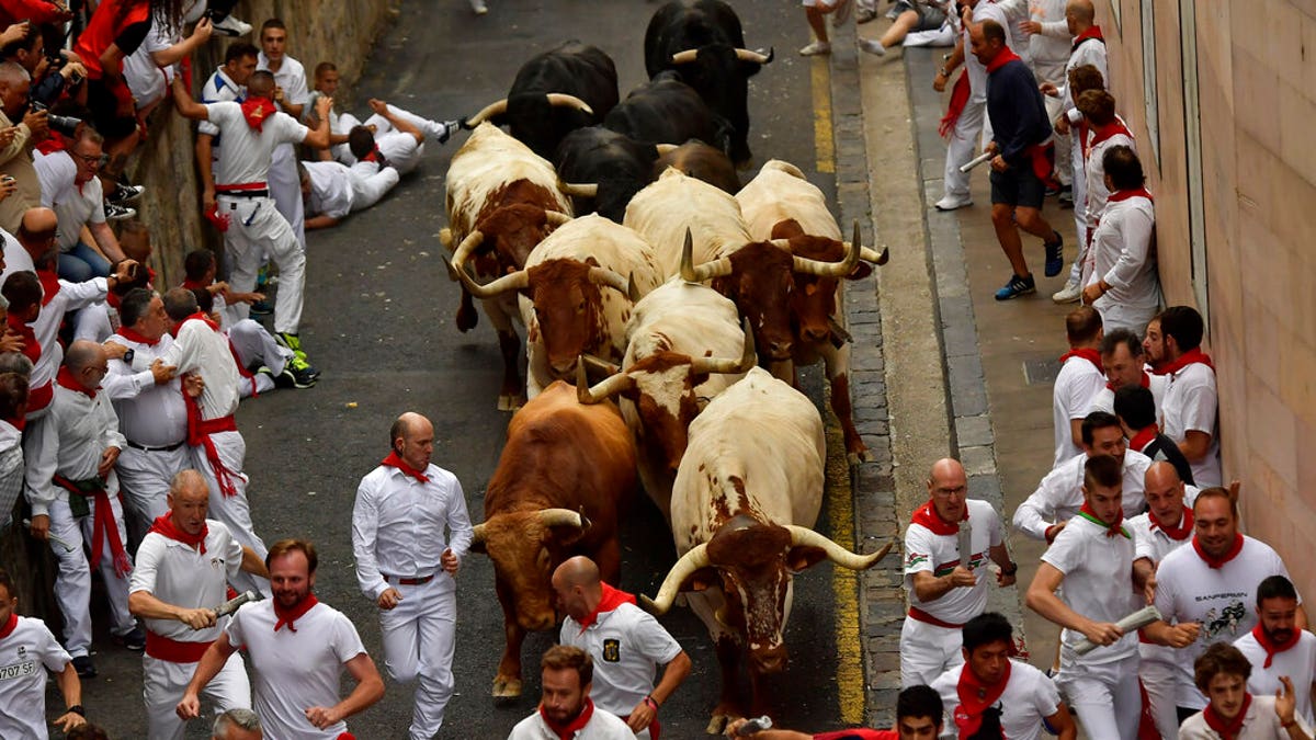 Five people were hospitalized after the opening run of the bulls at the San Fermin Festival in Spain on Sunday, officials said.