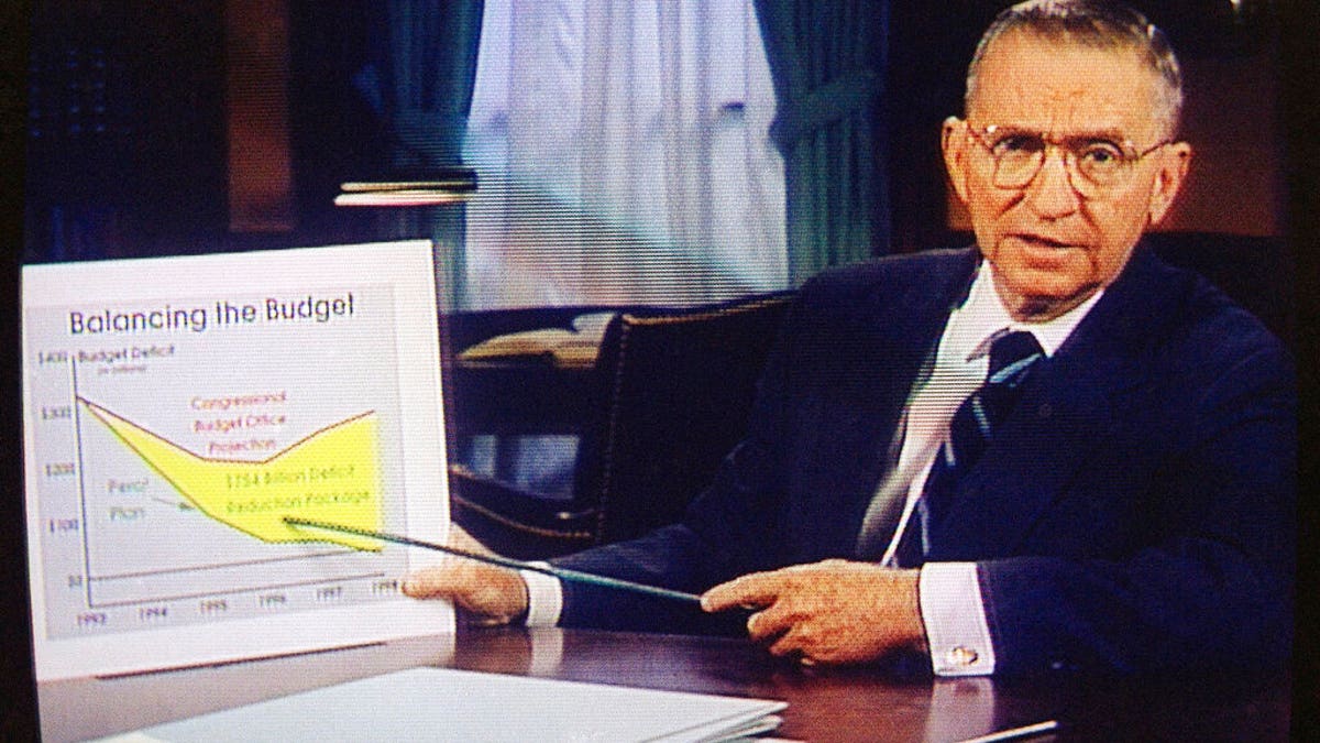  In this Oct. 16, 1992, file photo, Ross Perot is shown on a screen in a paid 30-minute television commercial, during a media preview in Dallas. (AP Photo, File)