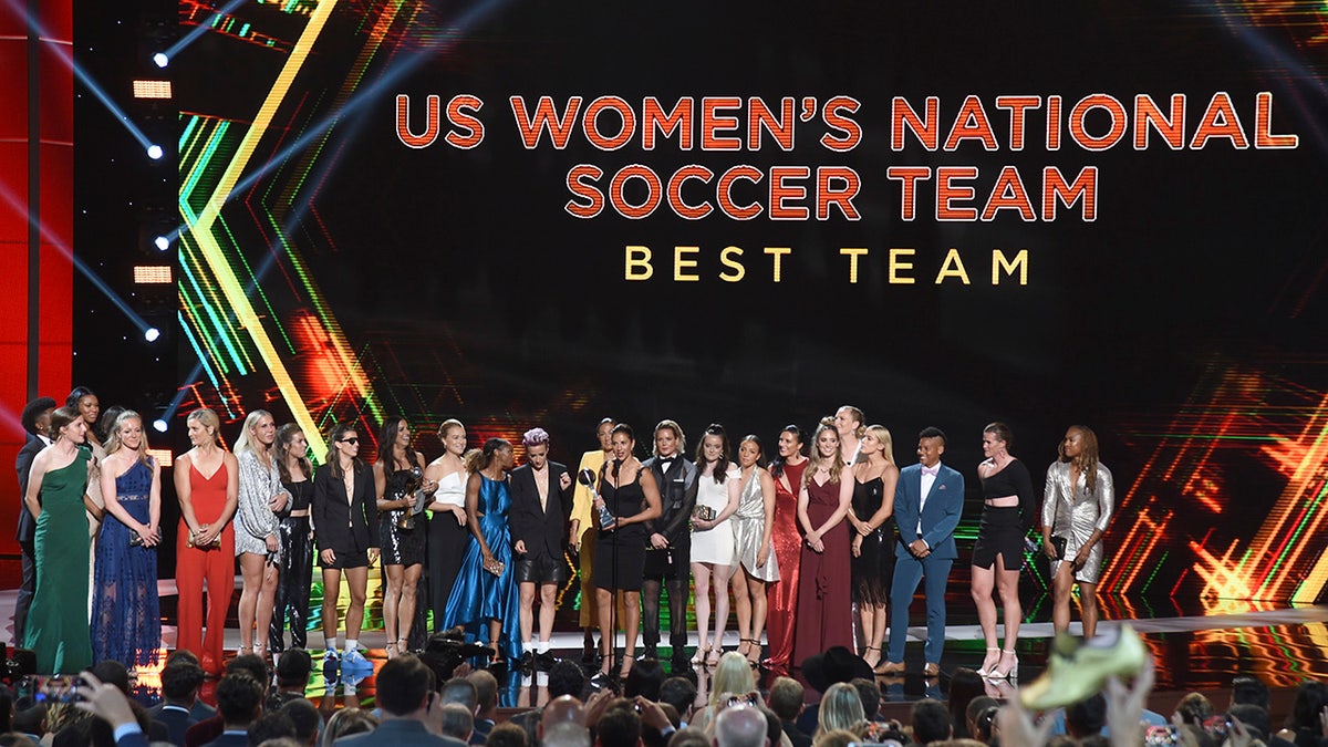 The U.S. women's national soccer team accepts the award for best team at the ESPY Awards on Wednesday, July 10, 2019, at the Microsoft Theater in Los Angeles. (Photo by Chris Pizzello/Invision/AP)