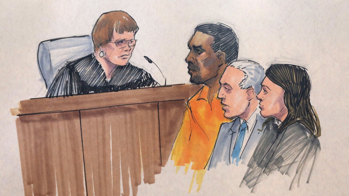 In this courtroom sketch, R&amp;B singer R. Kelly, center, appears before U.S. Magistrate Shelia M. Finnegan, left, in U.S. District Court for the Northern District of Illinois. Friday, July 12, 2019, in Chicago. Also standing with Kelly is his attorney Steve Greenberg and an unidentified prosecutor.