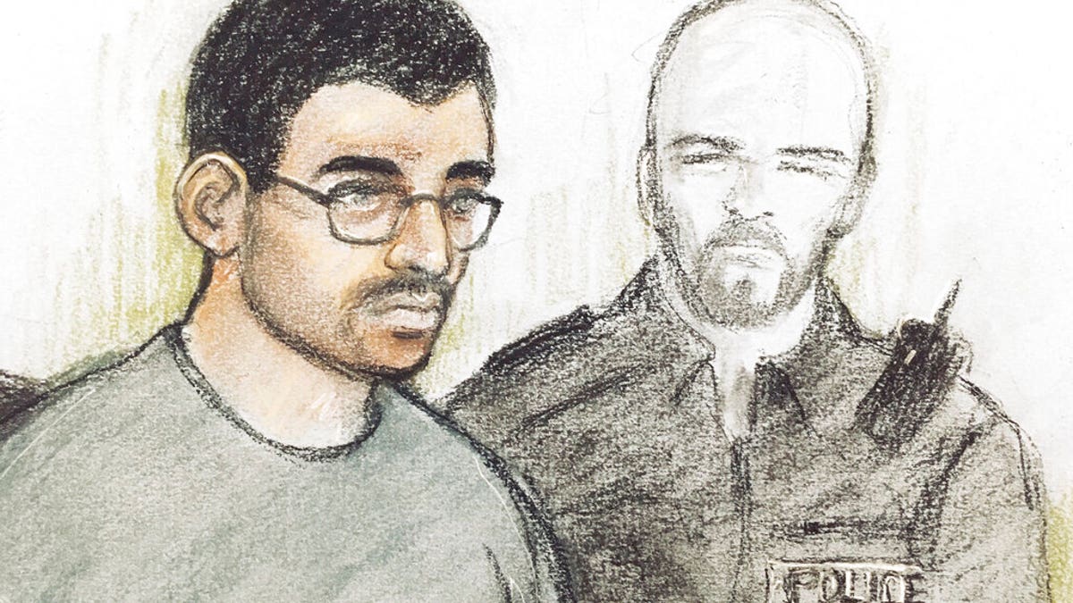 Court artist sketch of Hashem Abedi in the dock at Westminster Magistrates' Court where he is appearing following his extradition from Libya, in London, Thursday July 18, 2019.