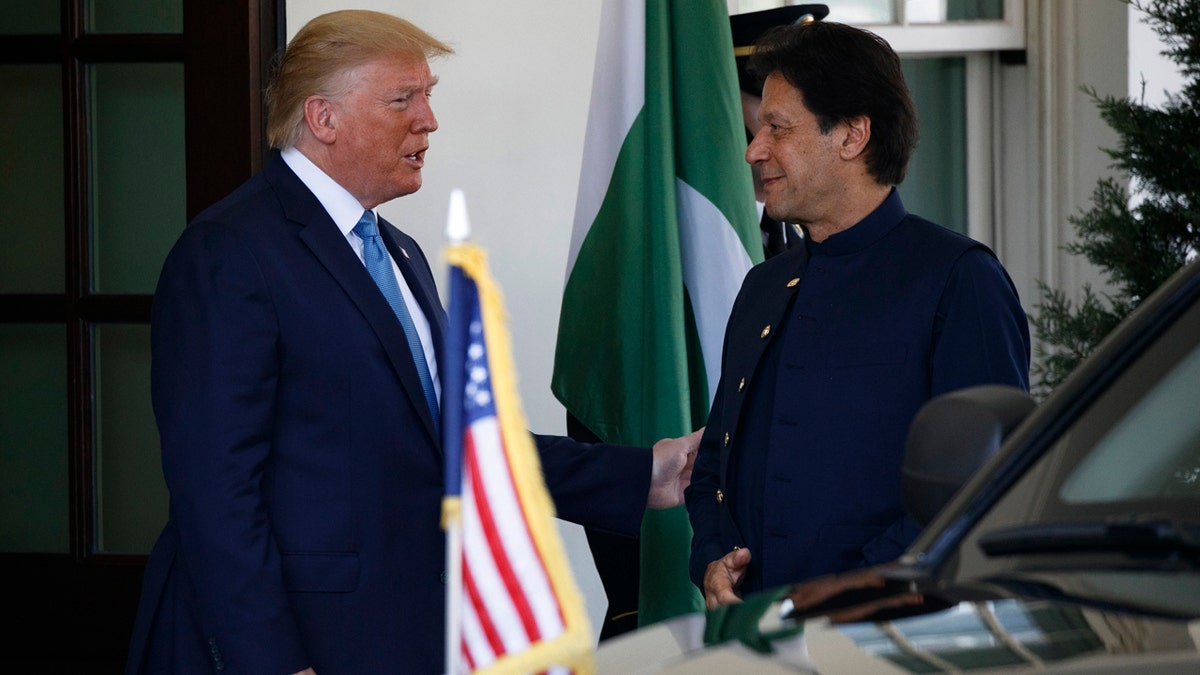 President Donald Trump greets Pakistan's Prime Minister Imran Khan as he arrives at the White House, Monday, July 22, 2019, in Washington. (AP Photo/Jacquelyn Martin)
