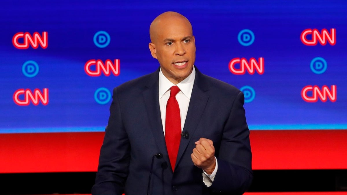 Sen. Cory Booker, D-N.J., participates in the second of two Democratic presidential primary debates hosted by CNN Wednesday, July 31, 2019, in the Fox Theatre in Detroit. (AP Photo/Paul Sancya)