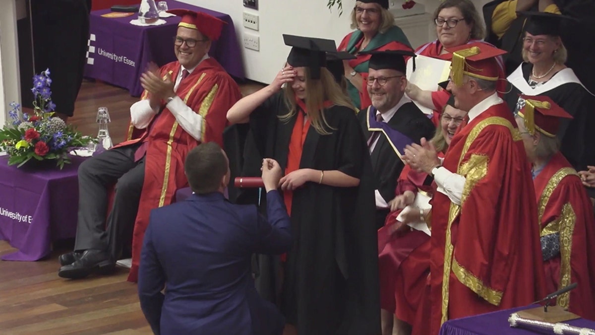 Edgaras Averbuchas, pictured, recently proposed to girlfriend Agne Banuskeviciute during her graduation ceremony from the University of Essex in England.