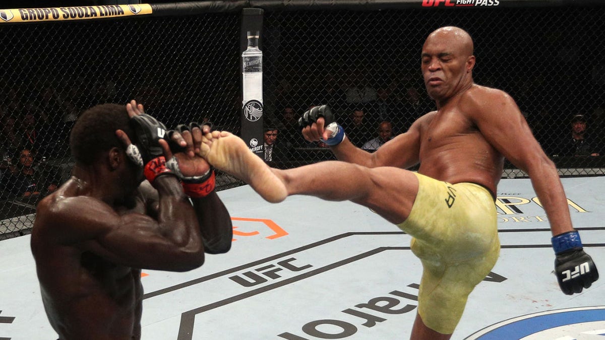 Anderson Silva of Brazil kicks Jared Cannonier in their middleweight bout during the UFC 237 event at Jeunesse Arena on May 11, 2019 in Rio De Janeiro, Brazil. (Photo by Buda Mendes/Zuffa LLC/Zuffa LLC via Getty Images)