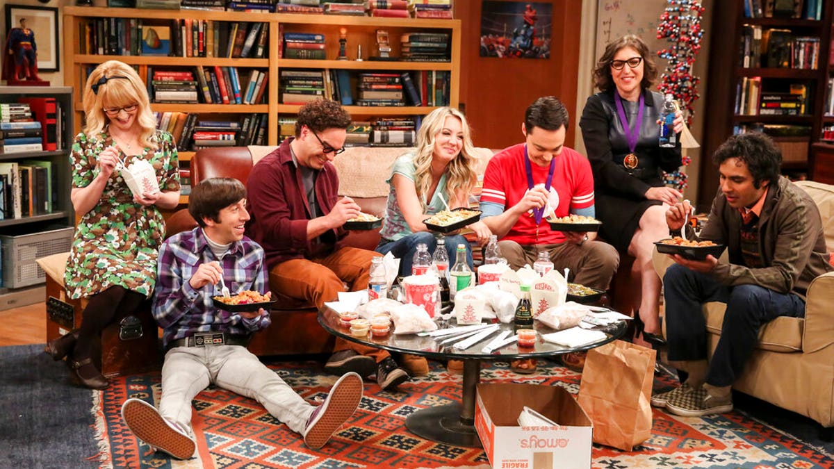 This photo provided by CBS shows Melissa Rauch, from left, Simon Helberg, Johnny Galecki, Kaley Cuoco, Jim Parsons, Mayim Bialik and Kunal Nayyar in a scene from the series finale of 