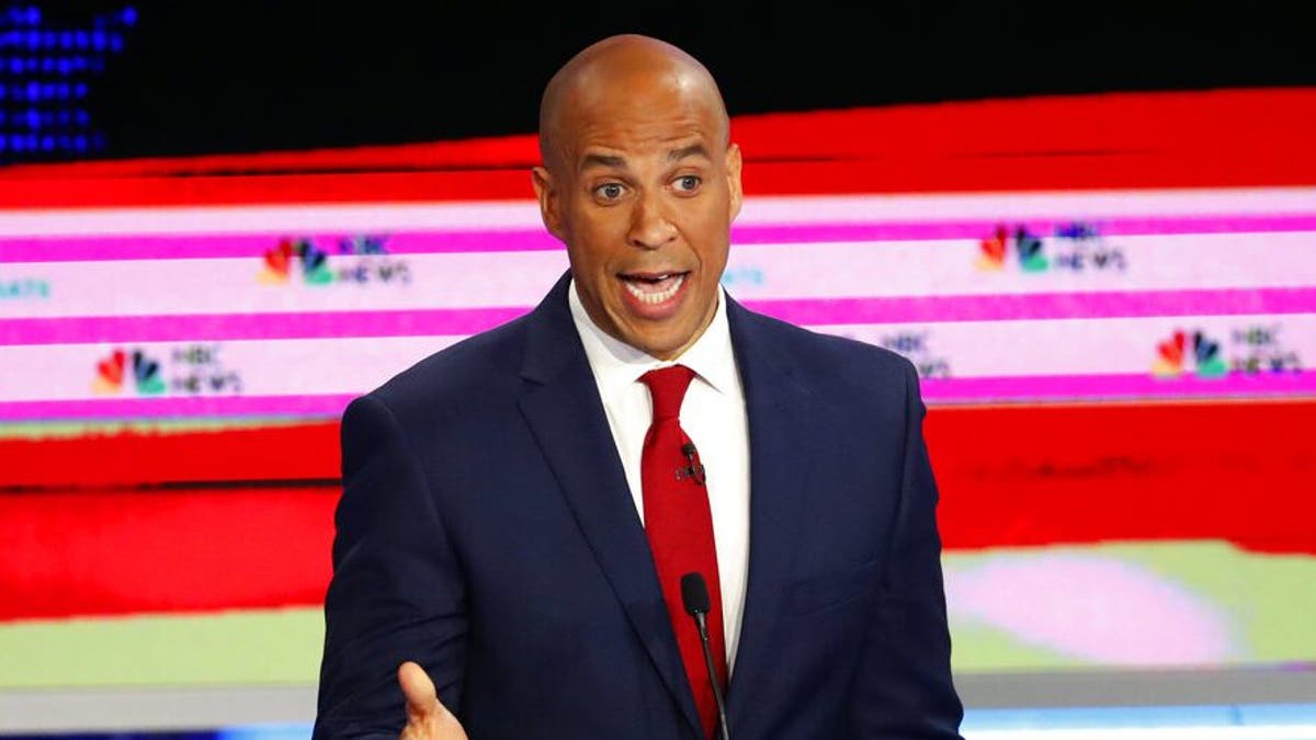 Democratic presidential candidate Sen. Cory Booker, D-N.J., speaks at a Democratic primary debate hosted by NBC News at the Adrienne Arsht Center for the Performing Art, Wednesday, June 26, 2019, in Miami. (AP Photo/Wilfredo Lee)