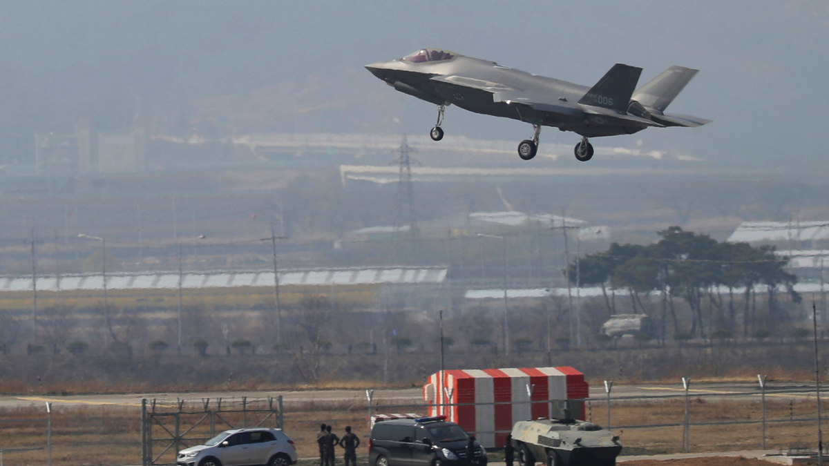 In this March 29, 2019, photo, a U.S. F-35A fighter jet prepares to land at Chungju Air Base in Chungju, South Korea. (Kang Jong-min/Newsis via AP)