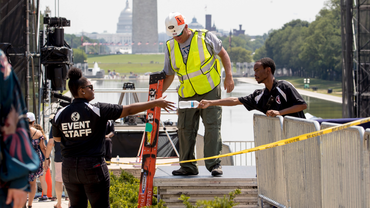 The Capitol Dome, the Washington Monument and the Reflecting Pool are visible as workers set up for President Donald Trump's 'Salute to America' event honoring service branches on Independence Day at the Lincoln Memorial, Tuesday, July 2, 2019, in Washington. President Donald Trump is promising military tanks along with 