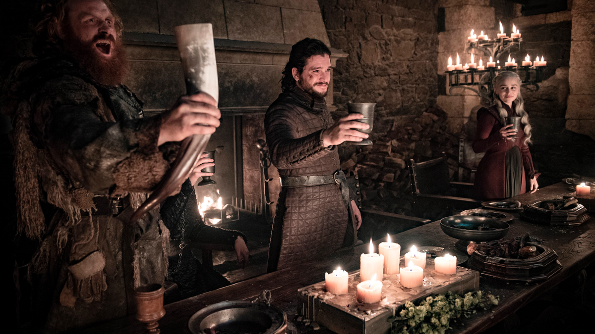 This image released by HBO shows Kristofer Hivju, from left, Kit Harington and Emilia Clarke in a scene from 