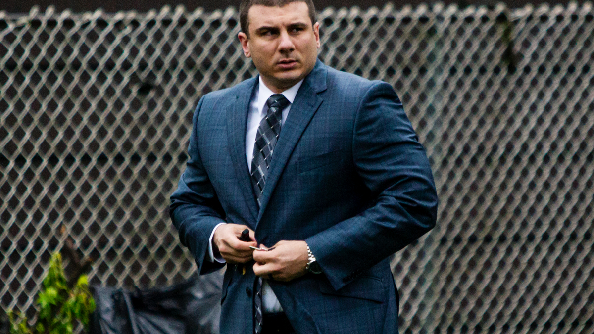 FILE - In this May 13, 2019, file photo, New York City police officer Daniel Pantaleo leaves his house in Staten Island, N.Y. Time is running out for federal prosecutors to take action in the 2014 death of Eric Garner, the unarmed black man heard on video crying "I can't breathe" after Pantaleo put him in an apparent chokehold. (AP Photo/Eduardo Munoz Alvarez, File)