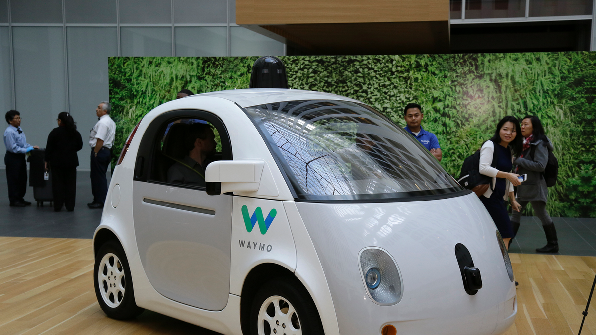 The Waymo driverless car is displayed during a Google event in San Francisco. (AP Photo/Eric Risberg)