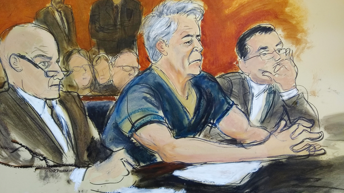 In this courtroom artist's sketch, defendant Jeffrey Epstein, center, sits with attorneys Martin Weinberg, left, and Marc Fernich during his arraignment in New York federal court, Monday, July 8, 2019. Epstein pleaded not guilty to federal sex trafficking charges. The 66-year-old is accused of creating and maintaining a network that allowed him to sexually exploit and abuse dozens of underage girls from 2002 to 2005. (Elizabeth Williams via AP)