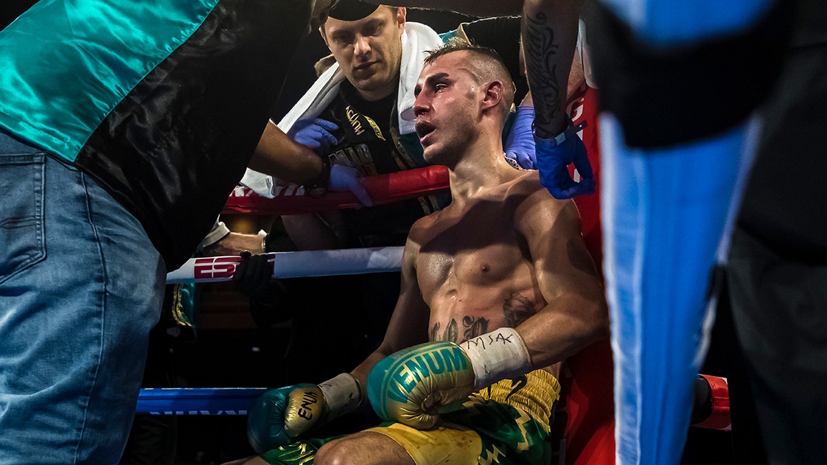 Maxim Dadashev receives attention in his corner after the eleventh round of his junior welterweight IBF World Title Elimination fight against Subriel Matias (not pictured) at The Theater at MGM National Harbor on July 19, 2019 in Oxon Hill, Maryland. (Photo by Scott Taetsch/Getty Images)
