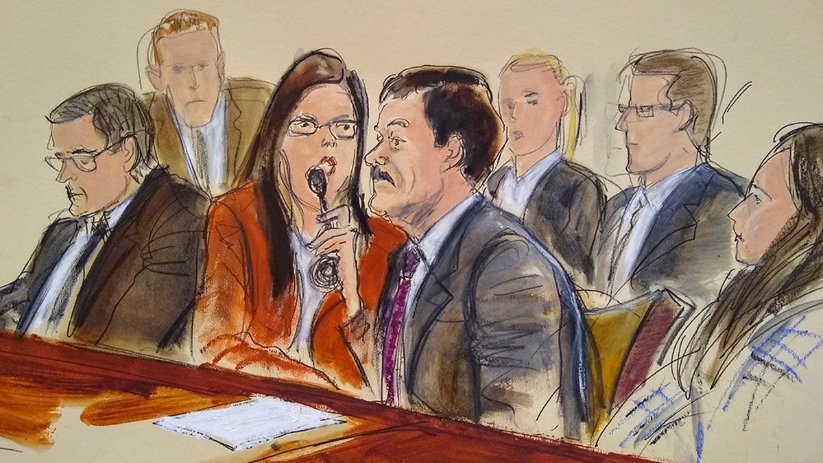 In this courtroom sketch, Joaquin "El Chapo" Guzman, second from right, listened to his sentence via interpreter while surrounded by U.S. Marshals and flanked by his defense attorney Marc Fernich, during his sentencing in federal court on July 17 in New York. (Elizabeth Williams via AP)