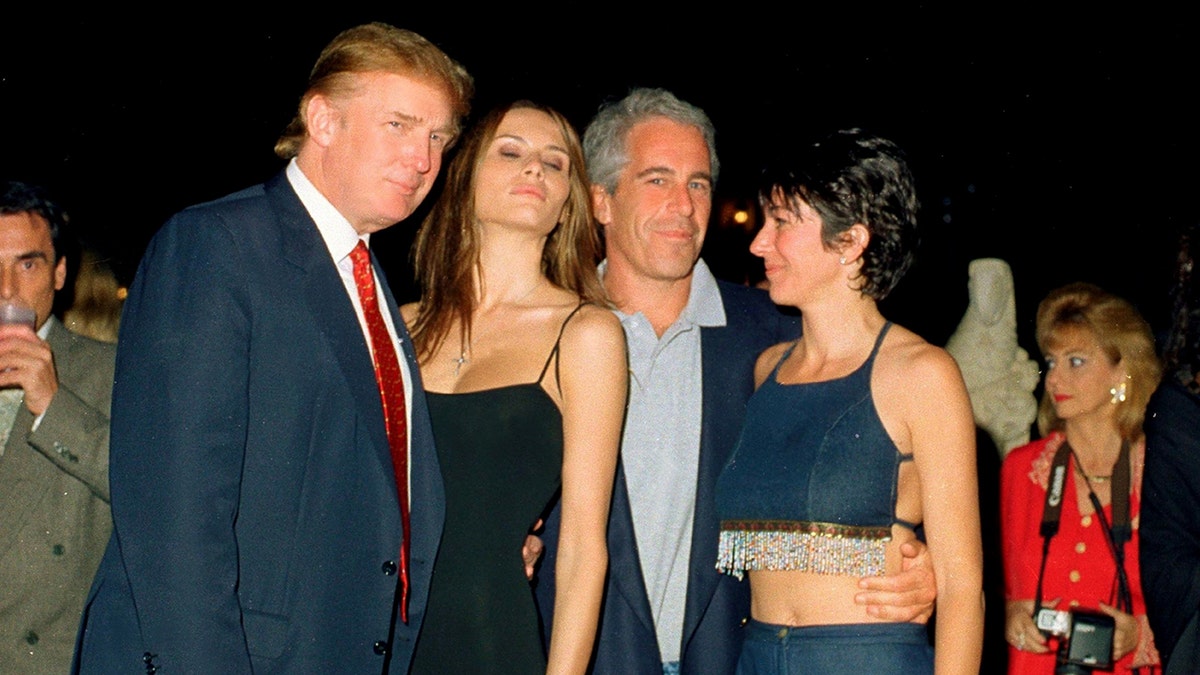 From left, American real estate developer Donald Trump and his girlfriend (and future wife), former model Melania Knauss, financier (and future convicted sex offender) Jeffrey Epstein, and British socialite Ghislaine Maxwell pose together at the Mar-a-Lago club, Palm Beach, Florida, February 12, 2000. (Photo by Davidoff Studios/Getty Images)